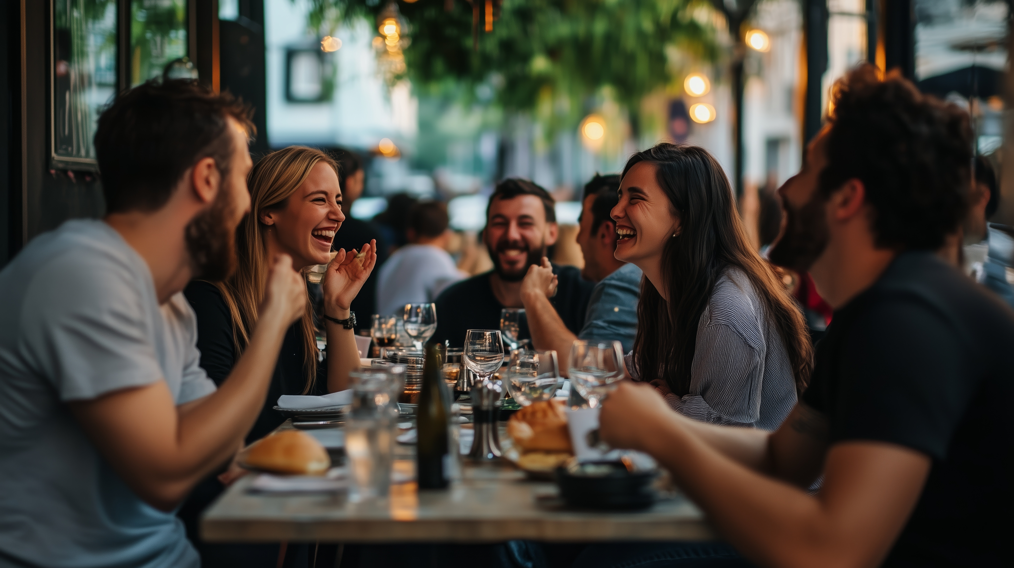 Friends enjoying a meal together at a restaurant